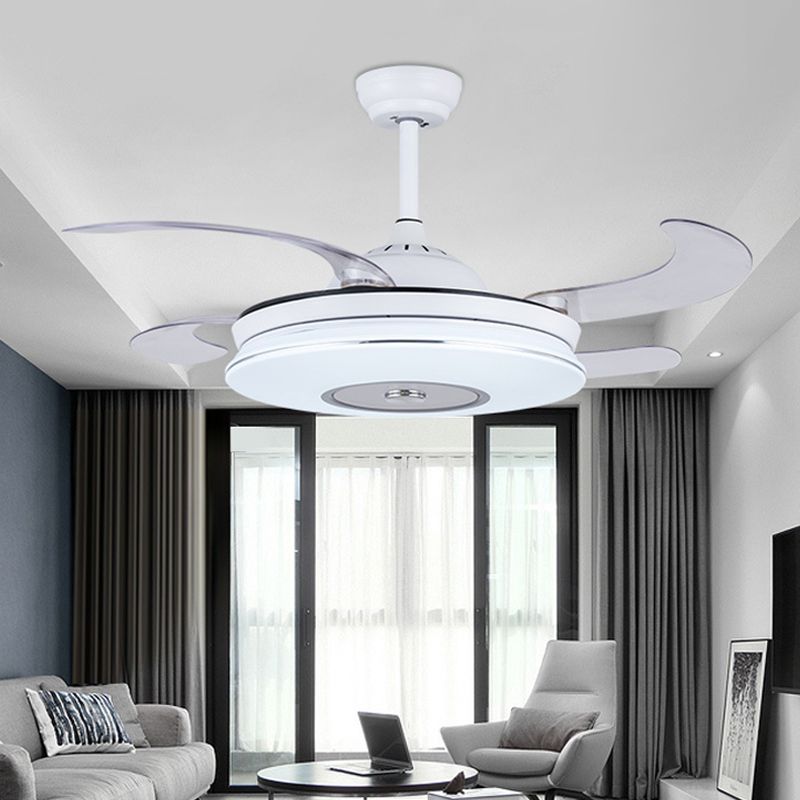 36" W White LED Ceiling Fan Light Minimalism Metal Round Semi Mount Lighting with 4 Blades for Living Room, Remote/Wall Control/Remote and Wall Control