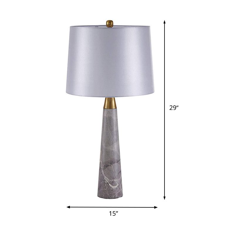 Shaded Nightstand Lamp Modern Fabric 1 Head White Task Lighting with Cone Grey Marble Base