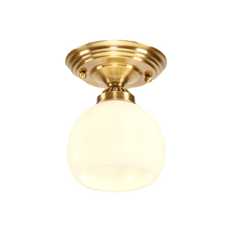 Globe / Cone White Glass Flush Mount Lamp Classic 1 Light Corridor Ceiling Lighting in Brass