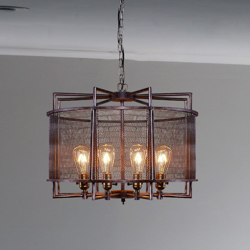 Metal Mesh Drum Chandelier Lighting Rustic Loft Multi Light Farmhouse Hanging Lamp in Rust