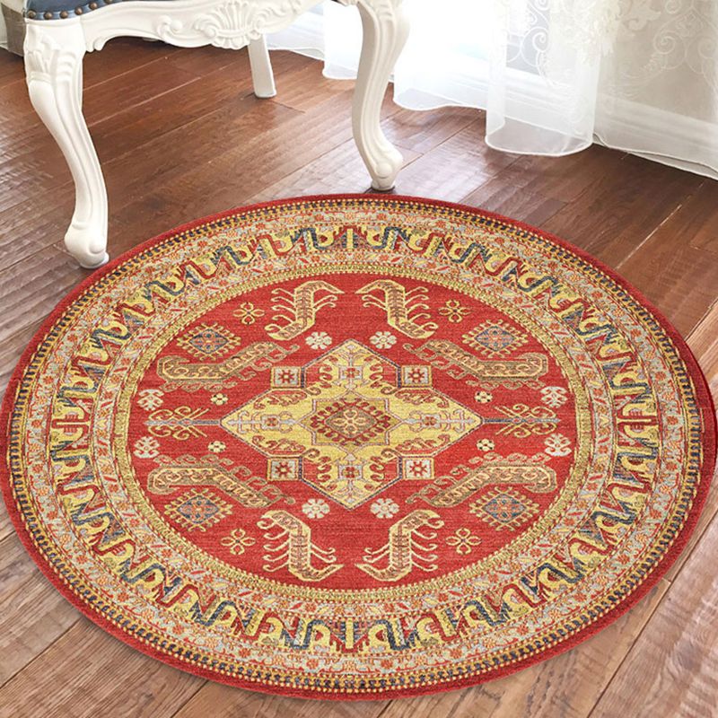 Round Yellow Tone Traditional Indoor Rug Polyester Ethnic Print Rug Non-Slip Backing Indoor Rug for Living Room