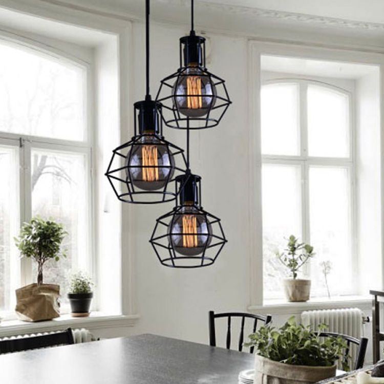 Industrial Style Open Cage Pendant Ceiling Light Metal Hanging Light Fixture in Black