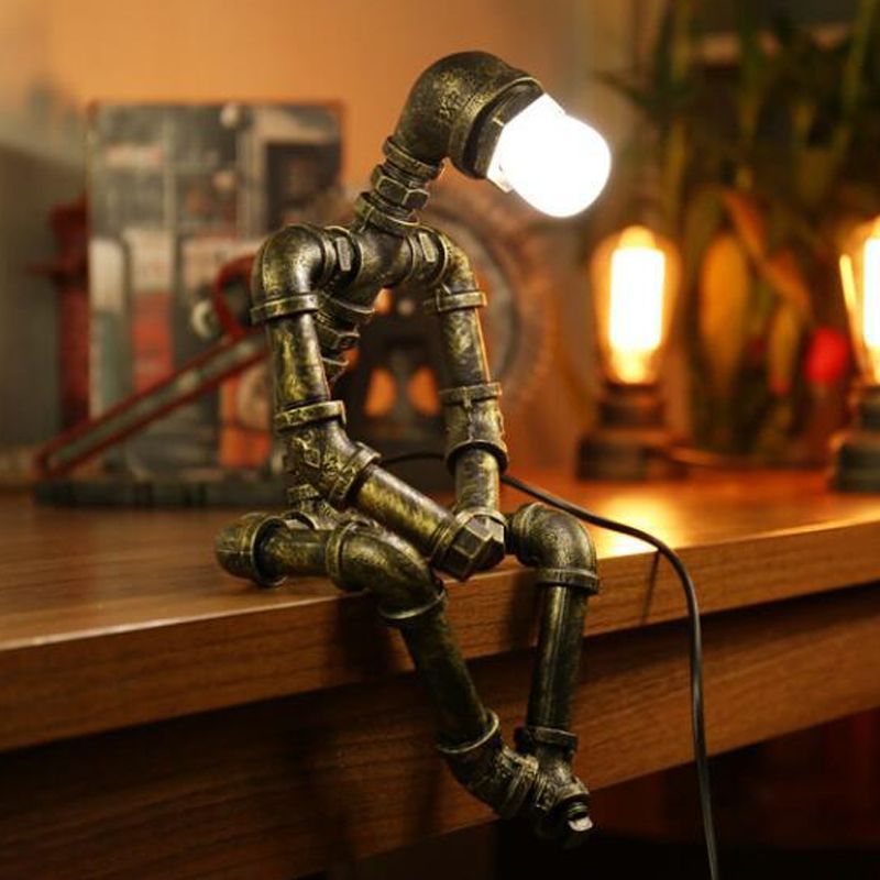 Iron Pipe Robot Night Table Light Cyberpunk Single-Bulb Boys Room Nightstand Lamp in Brass/Copper