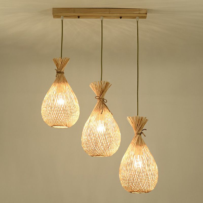 Lampada sospesa a forma di lacrima in legno Cottage a 3 teste Cluster Bamboo Light