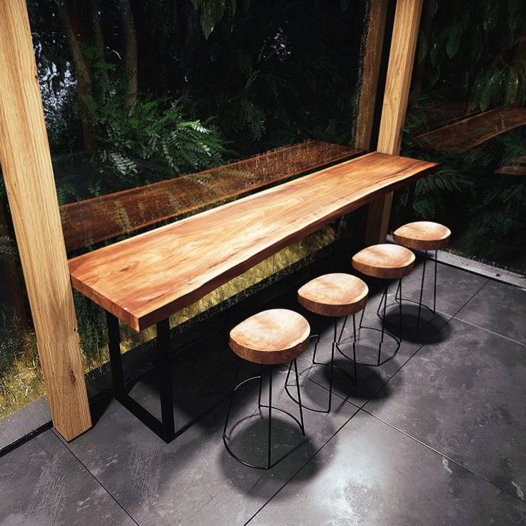 Pine Wood Top Bar Dining Table Modern Bar Table with Double Pedestal in Black