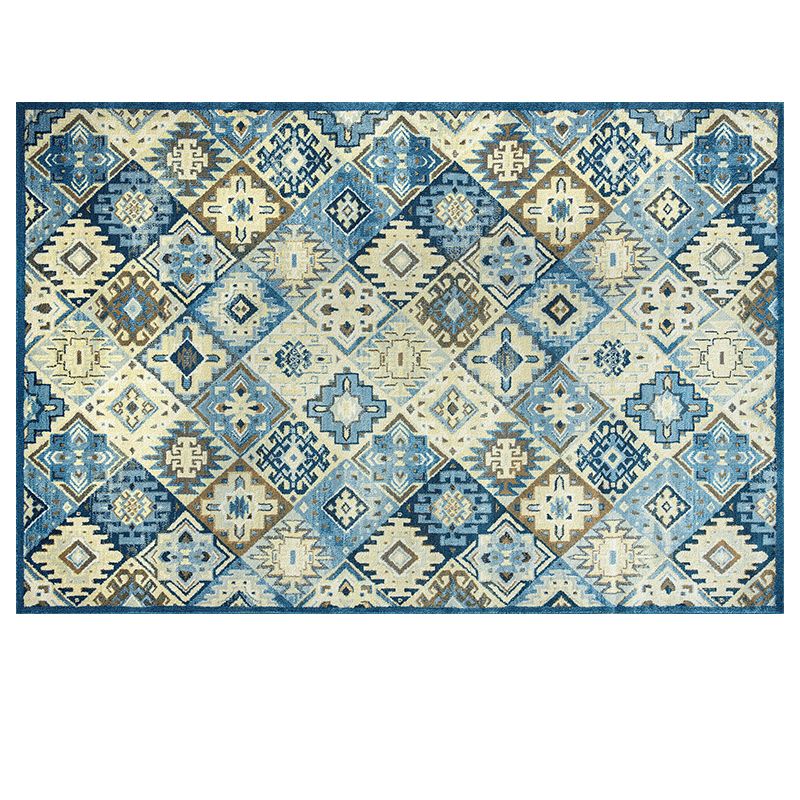 Blue Morocco Area Carpet Geometric Pattern Polyester Area Rug Non-Slip Backing Rug for Home Decor