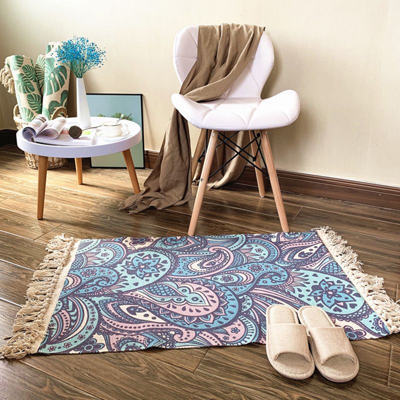 Western Bedroom Rug Multi Colored Tribal Geo Carpet Cotton Blend Easy Care Washable Area Rug with Tassel