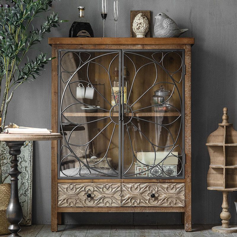 Traditional Solid Wood Display Stand Glass Doors Hutch Buffet for Bedroom