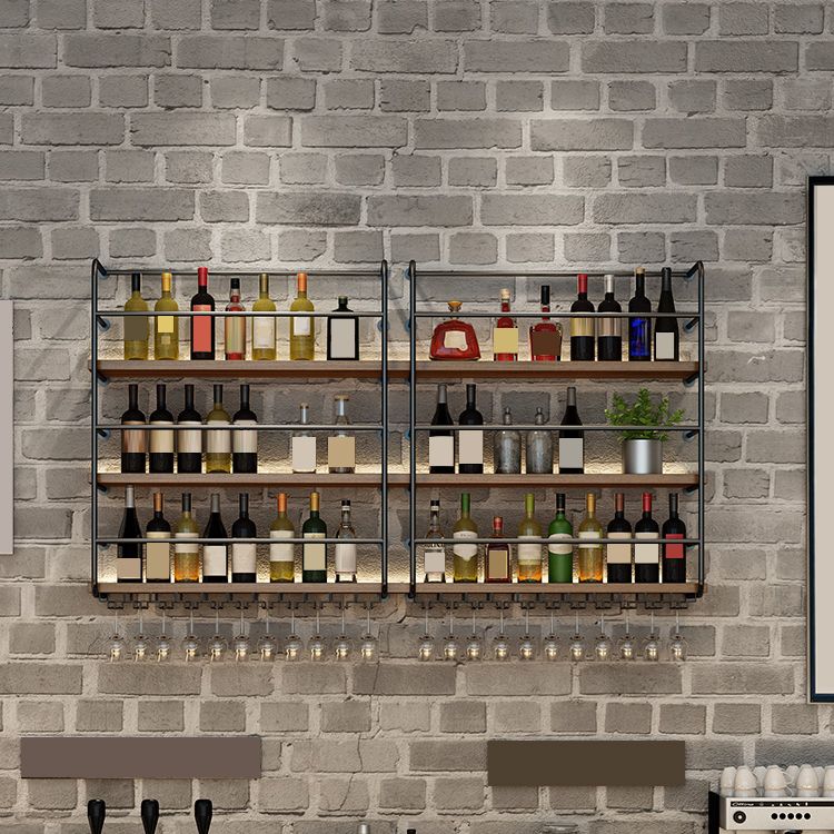 Modern Style Wood and Iron Wall Mounted Wine Rack with Light in Black