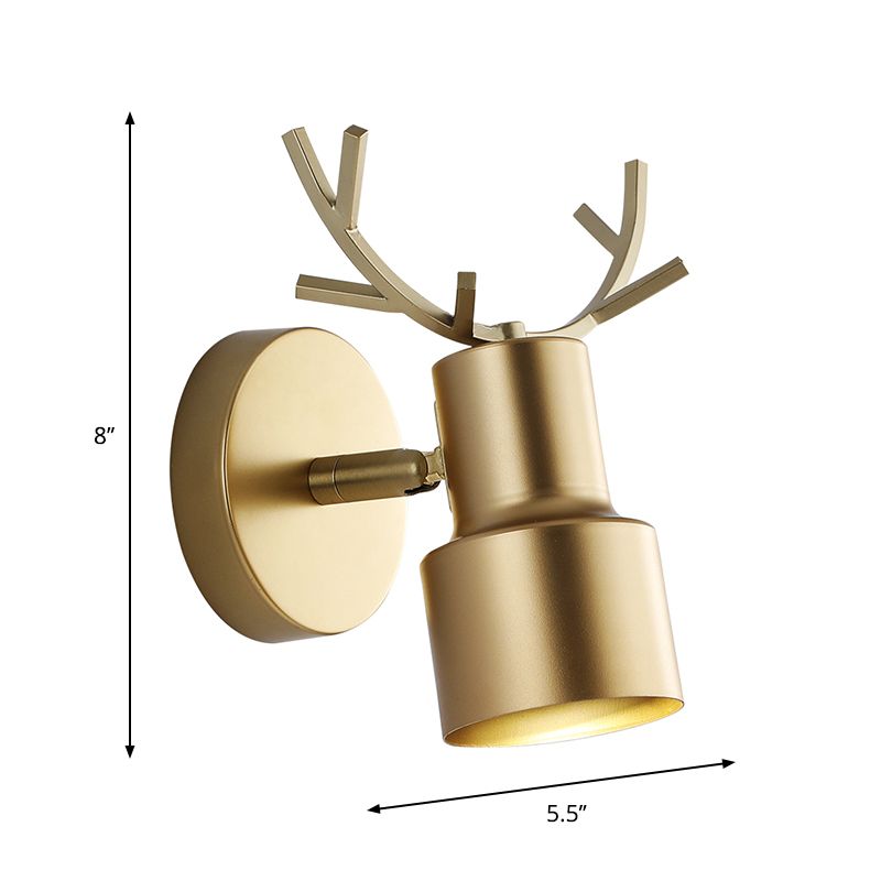 1-Light Bedroom Wall Lamp Macaron Gold Antler LED Wall Light Fixture with Dual Drum Metal Shade