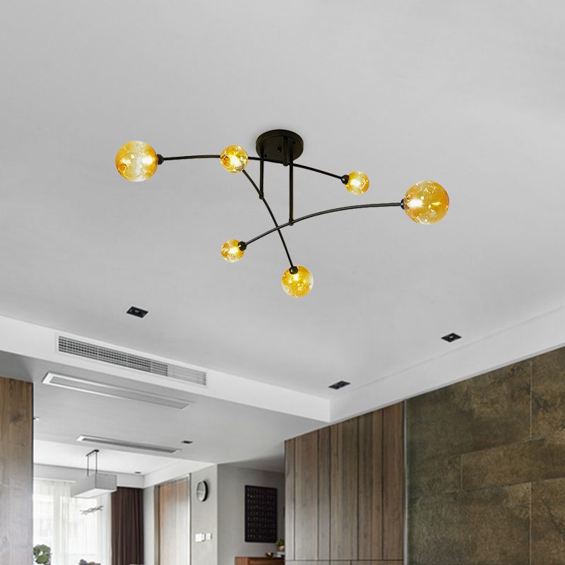 Amber Glass Modo Semi Flush Lighting Minimalism 6 Heads Black Arced Close to Ceiling Lamp