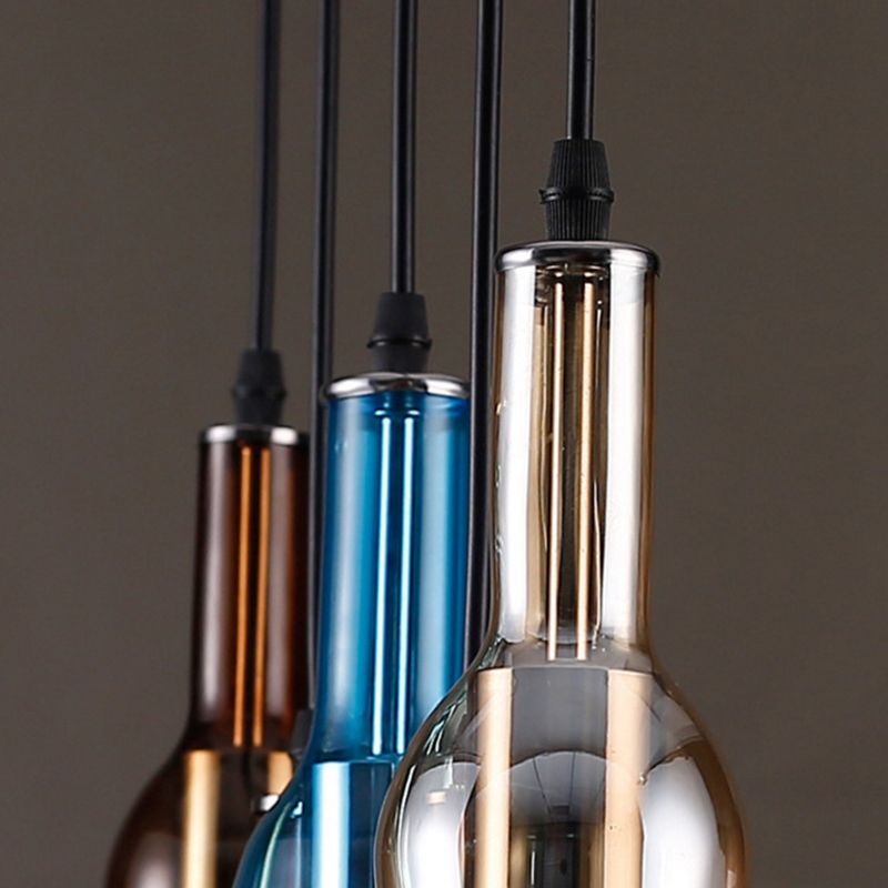 Art Deco Wine Bottle Hanging Lamp Glass 5 Light Restaurant Down Lighting Pendant in Multi-Colour