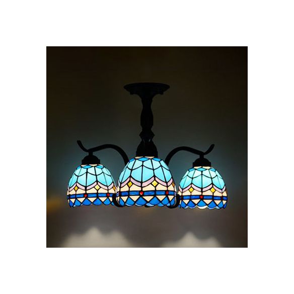 3/5 Lights Semi Flushmount with Shade Tiffany Style Stained Glass Semi Flush Lamp in Red/Blue/Green/Blue-White for Stairway