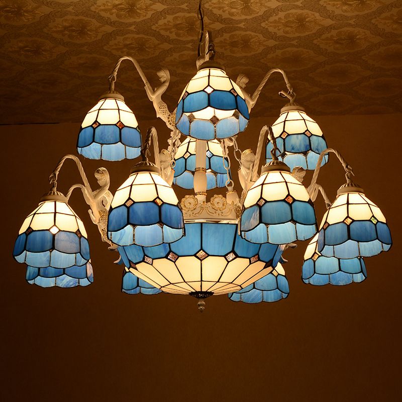 Grille bleu à motifs pendants légers Tiffany 15 lumières Lautres en lustre en vitrail avec décoration sirène