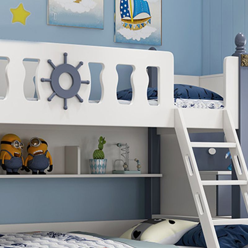 Coastal White Bunk Bed with Storage Shelves in Solid Wood Bed