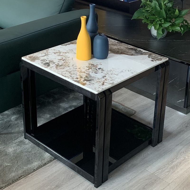 Square Marble Side Table Contemporary Black Storage Side Table