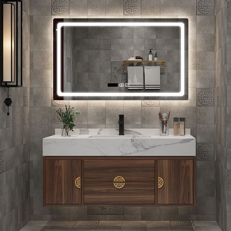 Wood Frame Vanity 2 Drawers Wall Mount Single Sink Rectangle Bathroom Vanity with Mirror