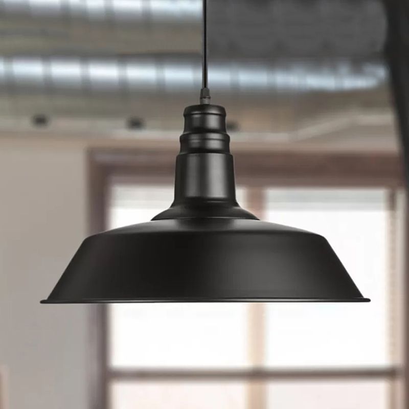 Industrial Barn Shaped Pendant Light One Light Metal Suspension Light in Black for Study Room