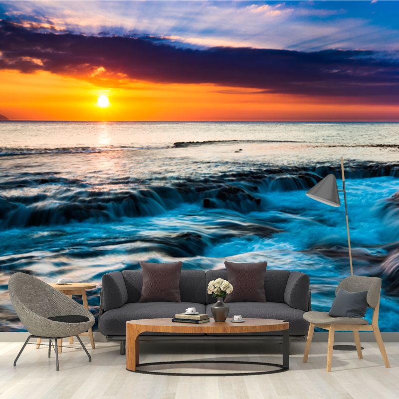 Enchanting Coastal Sunset Scenery Mural for Living Room, Yellow-Blue, Custom Size Available