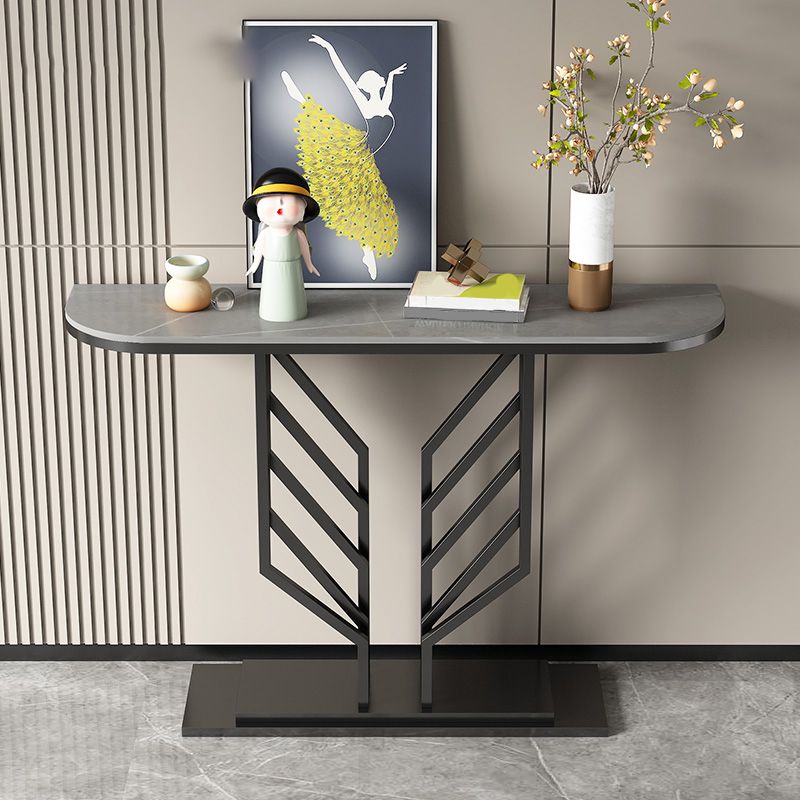 Pedestal Base Accent Table with Half Moon Stone Top for Hall