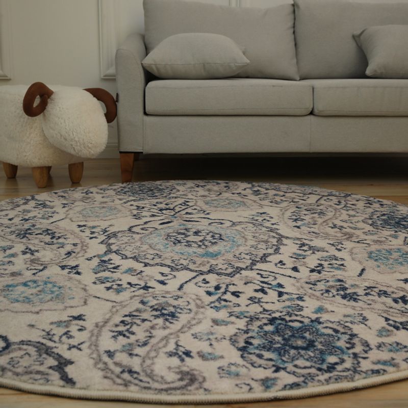 Whitewashed Classical Rug Floral Design Round Rug Polypropylene Washable Carpet for Living Room