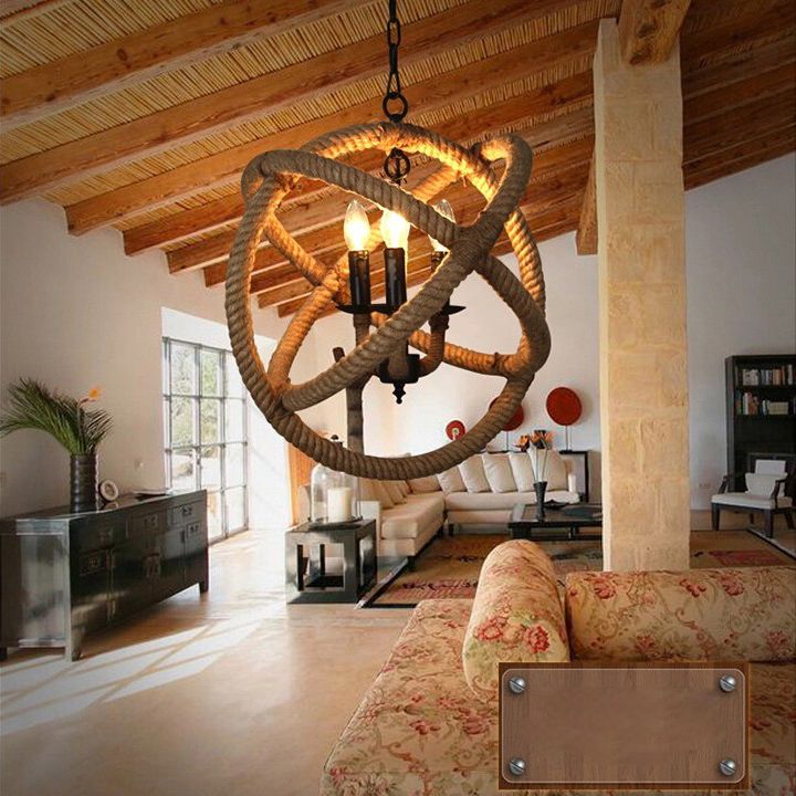 Loft Rope-Wrapped Globe Chandelier Lighting Fixture Rope Hanging Lamp Kit in Beige