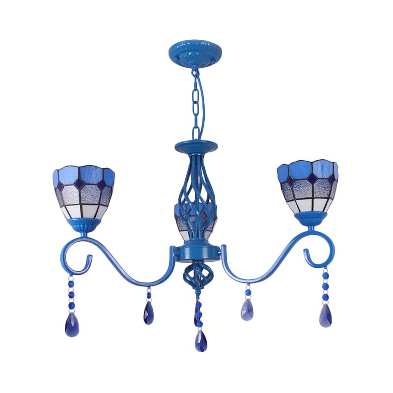 Mediterranean Dome Hanging Light with 12" Metal Chain Blue Glass 3 Lights Pendant Lamp