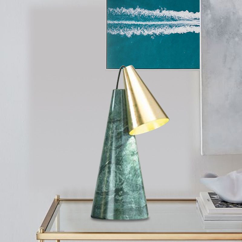 Designer Conical Table Light Marble Single-Bulb Living Room Night Lamp in White/Green and Gold