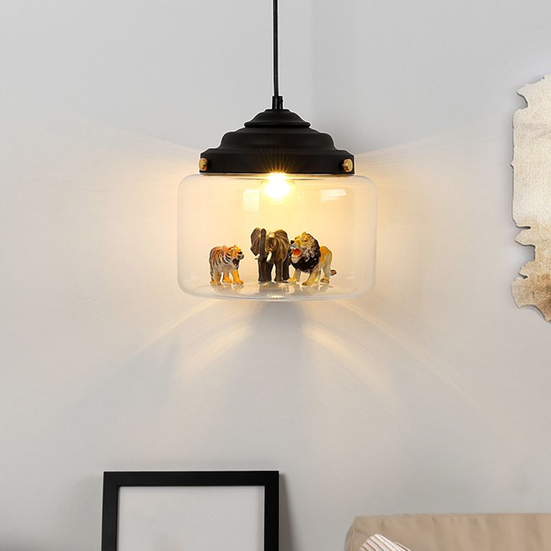 Pendulum en verre transparent en forme de bocal léger Nordique style 1 lampe de suspension blanche / noire légère avec animaux déco