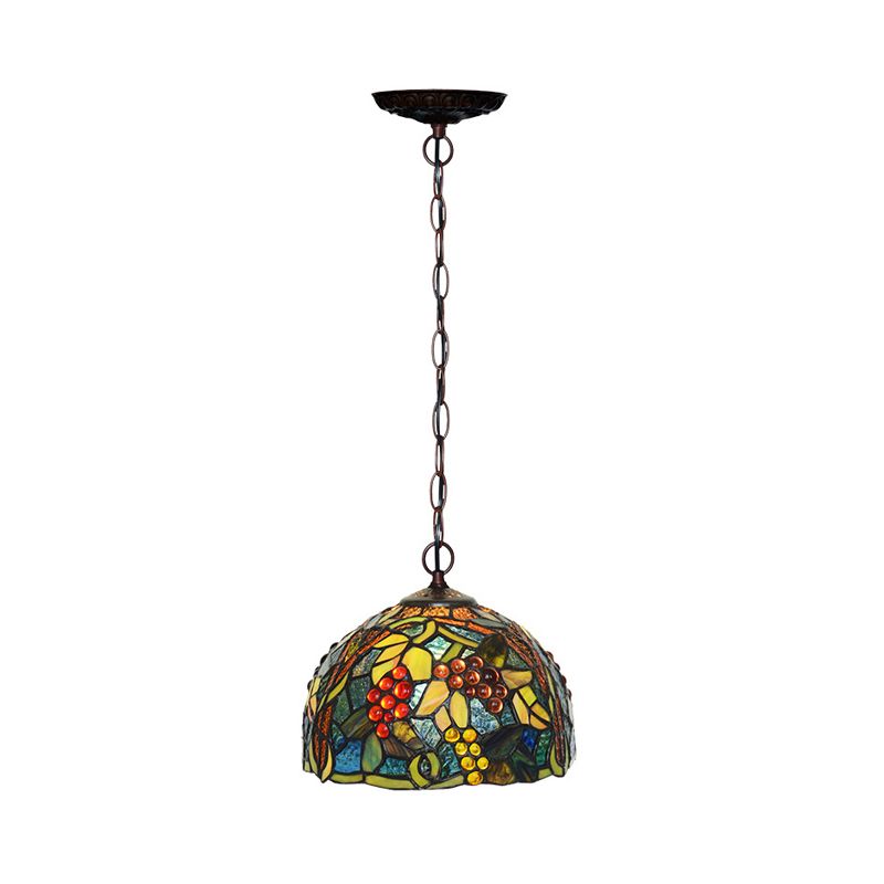 8"/12" W Dome Green Stained Glass Hanging Light Mediterranean 1 Light Bronze Down Lighting Pendant