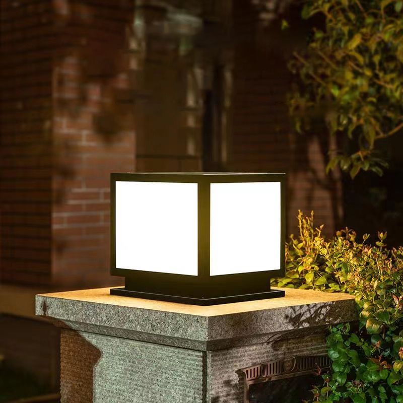 Square Shape Metal Outdoor Lights Modern Style 1 Light Solar Pillar Lamp in Black