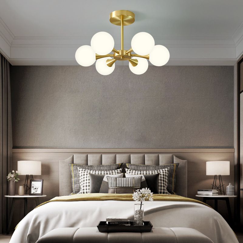 Global Semi Flush Ceiling Light Minimalist Opal Glass Bedroom Flush Light in Brass