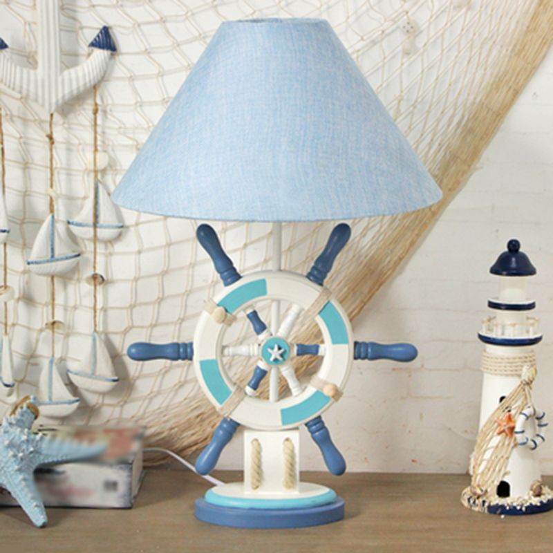 Lifebuoy/Rudder Wooden Table Light Kids 5-Light Blue Nightstand Lamp with Conical Fabric Shade