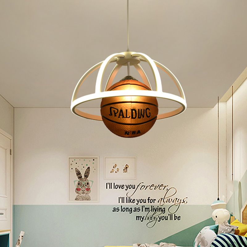 Basketball Pendant Lighting Kids Acrylic 1-Light White and Brown Suspension Lamp with Dome Frame in Warm/White Light