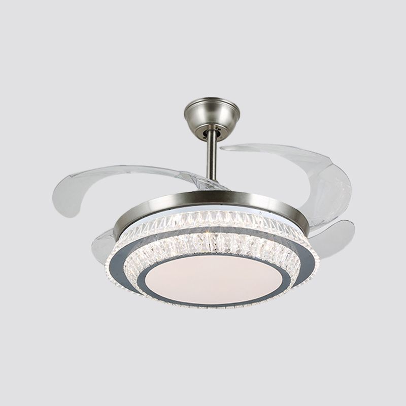 19 "breed gelaagde kristal semi -spoelmontage Licht eenvoudig LED zilverhangventilatorlamp met 4 messen