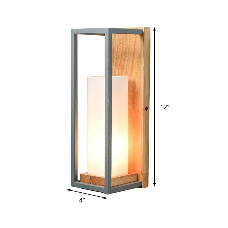 Grey Tubular Sconce Light Asian 1 Bulb White Glass Wall Mounted Lighting with Wood Rectangle Backplate