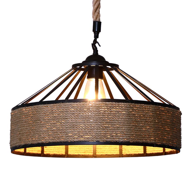 Conical Cage Restaurant Hanging Light Farmhouse Hemp Rope 1 Bulb Brown Drop Pendant