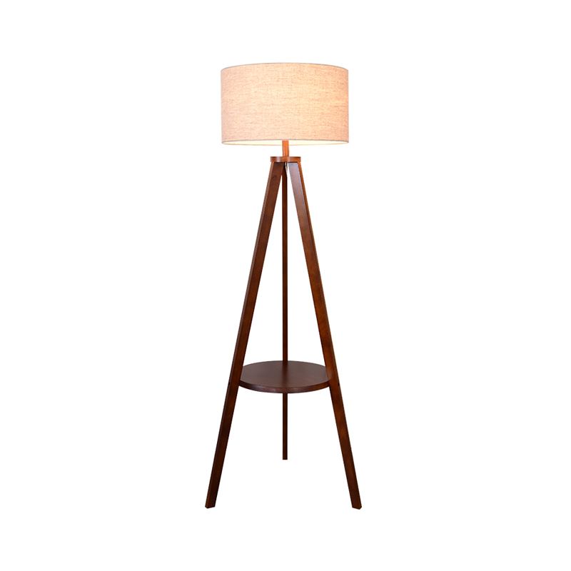 Tri-Leg Sitting Room Floor Lighting Wood 1 Head Modern Floor Lamp with Drum Fabric Shade in Beige/Brown