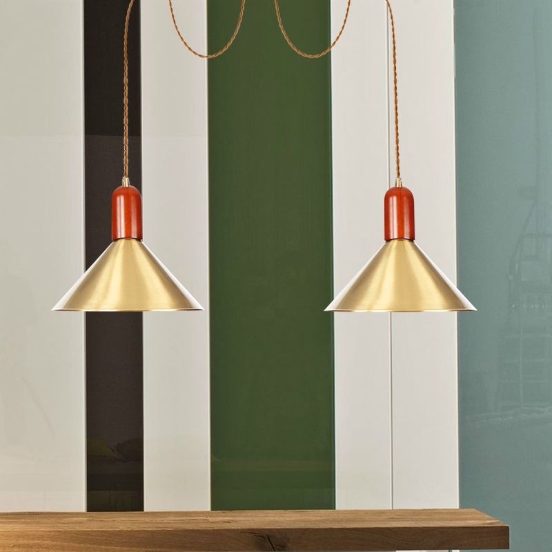 2/4/3 Heads Cone Multi Pendant Chandelier Industrial-Style Gold Finish Metal Swag Hanging Light Kit