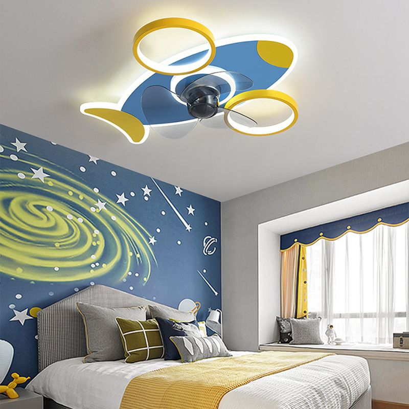 Creative Aircraft Shaped Ceiling Fan Light Metallic Child Room Semi Flush Mount Lamp