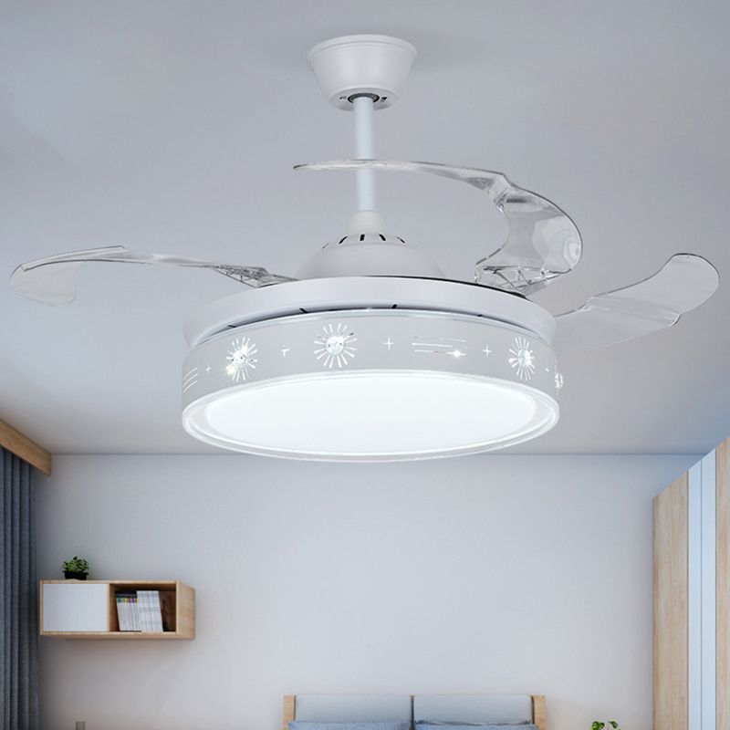 42" Wide Modern LED Semi Flush Light White Drum Hanging Fan Lighting with Metallic Shade, 3 Blades