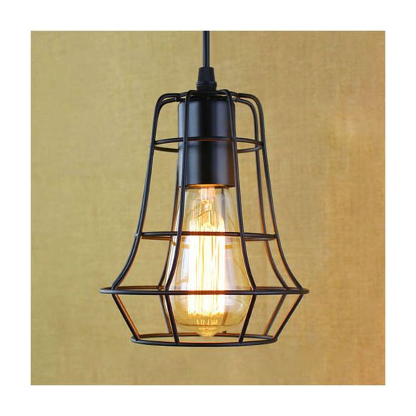 1 Head Pendant Lamp Antique Style Open Cage Metal Hanging Light Fixture in Black for Hallway