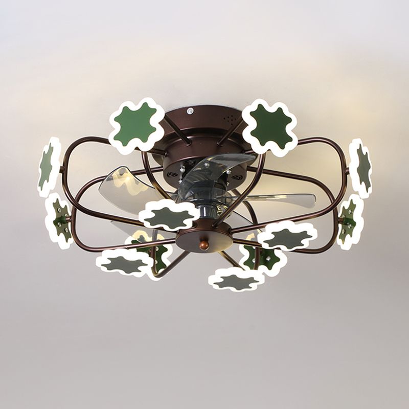 Flower Cage LED Semi Flush Ceiling Fan Macaron Iron 5-Blade 23.5" W Bedroom Semi Flush Mount Light with Cross Decor in Grey/White/Coffee