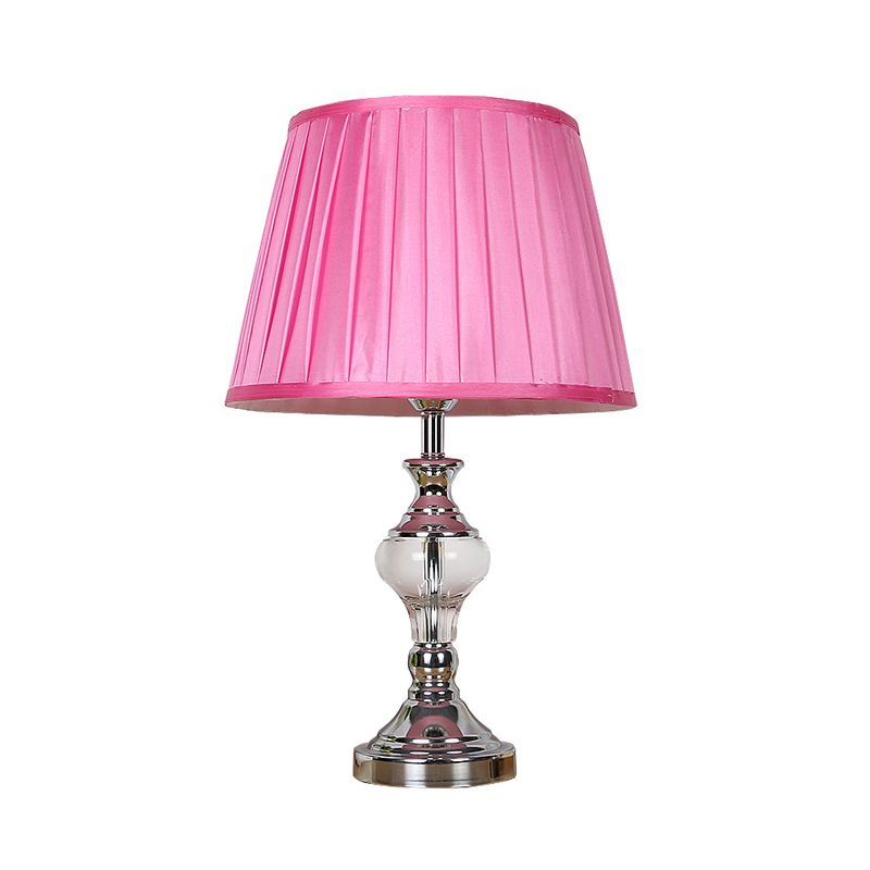 Single Bulb Fabric Night Lamp Rural Rose Red Barrel Shade Bedroom Nightstand Light with Crystal Accent