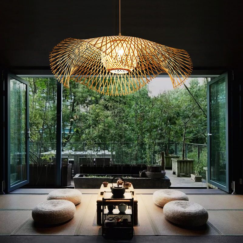 1 Light Swirl Hanging Ceiling Lights Chinese Bamboo Hanging Light Fixtures for Living Room