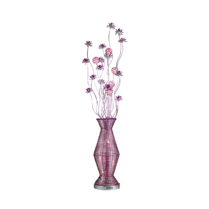 Countryside Vase and Floral Stand Light Aluminum Wire LED Floor Lamp in Purple for Living Room