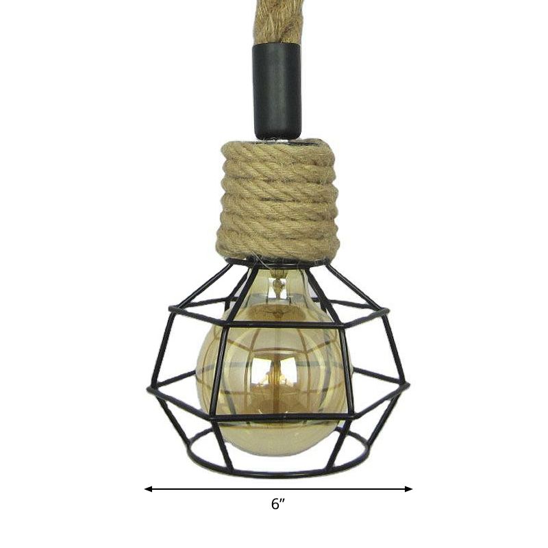 1-Head Pendulum Light Rural Wine Bar Mini Pendant Lamp with Ball Iron Cage and Rope Accent in Brown