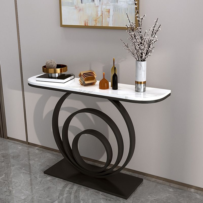 Marble Half Moon Console Table with Iron Pedestal Base Accent Table