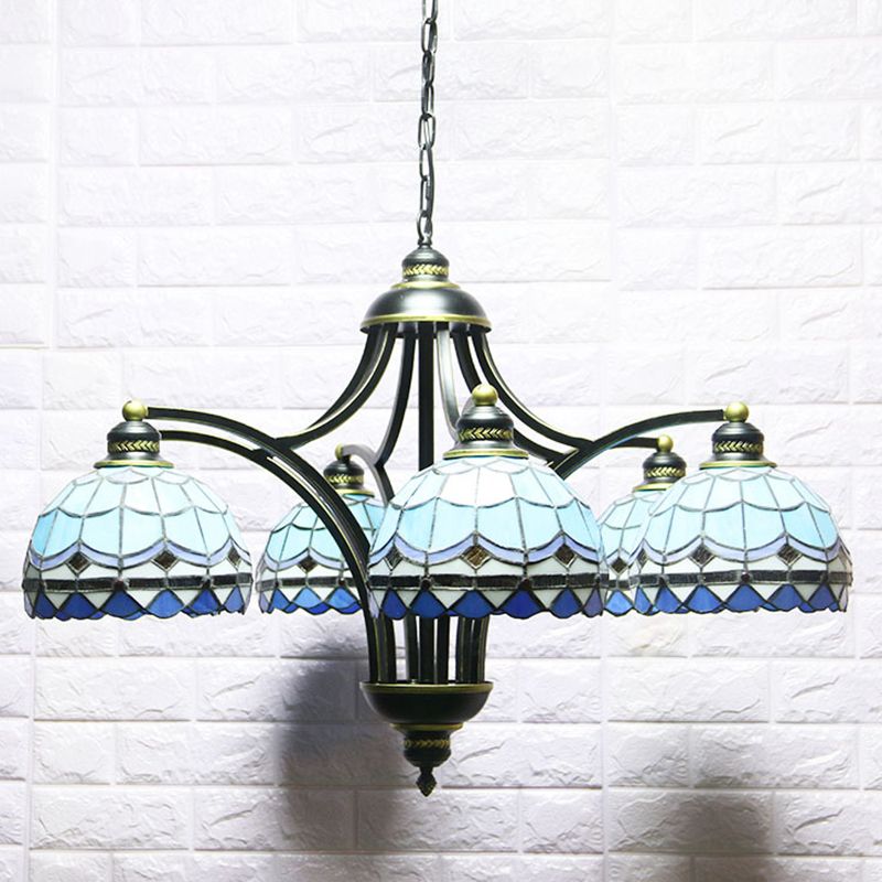 Blue Stained Glass Tiffany Chandelier 6-light 23.5" Wide Living Room Hanging Light with Adjustable Chain