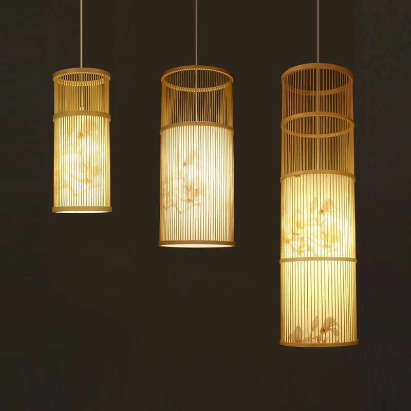 Cylindrical Restaurant Pendant Light Bamboo 1 Head Chinoiserie Hanging Light